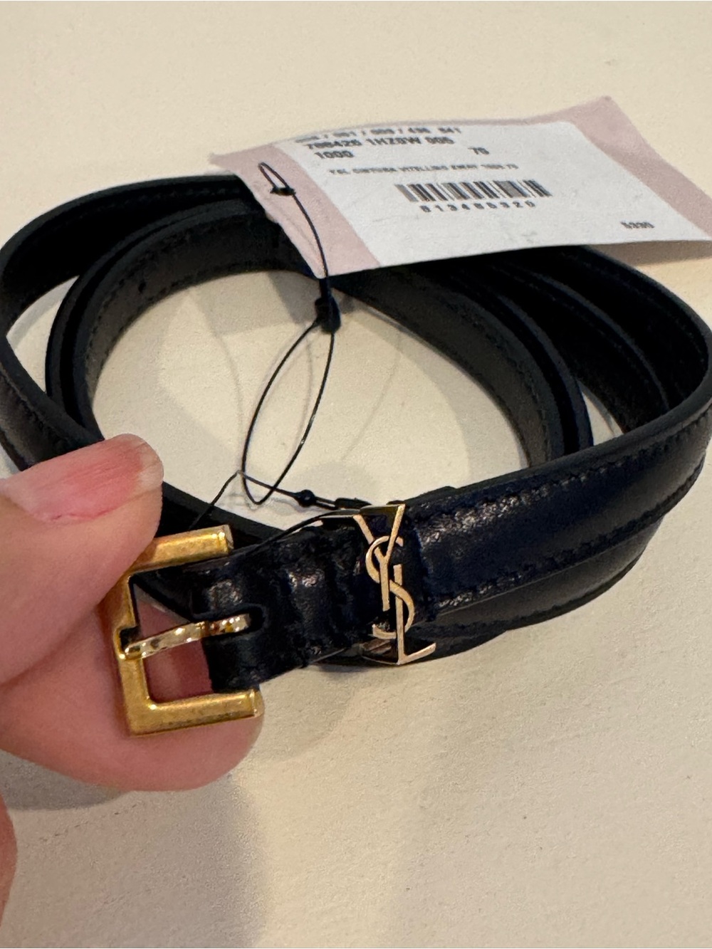 Yves Saint Laurent Black Leather Womens Belt with Gold Hardware